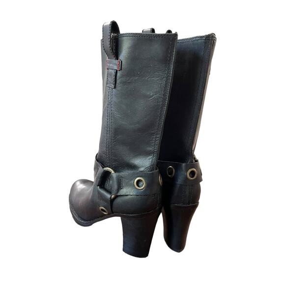 Tommy Hilfiger Black Leather Harness High Heel Mid Calf Boots Size 9 - Picture 2 of 7
